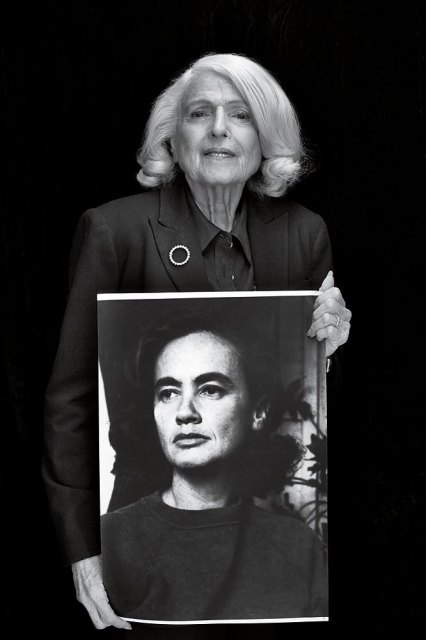 Edie Windsor holds a portrait of her wife, Thea Spyer.