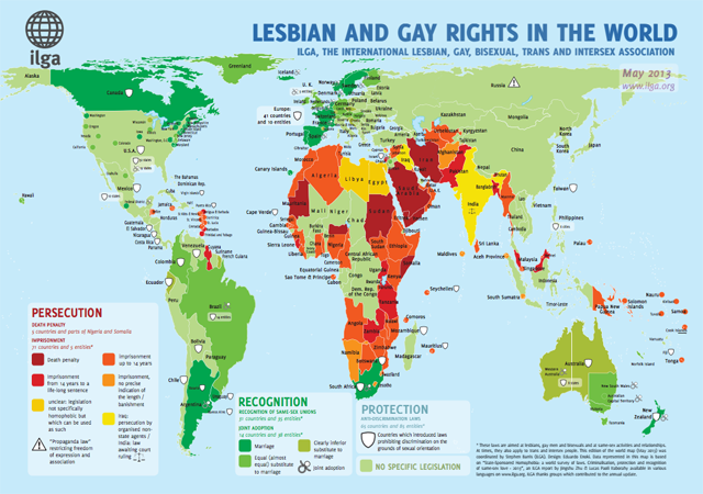 Summary map of LGBTI persecution, recognition and protection worldwide via ILGA