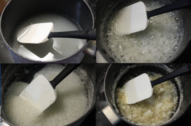 4 photos illustrating how to make caramel