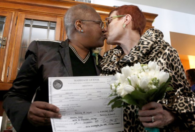 Vernita Gray (left), a Chicago activist, after marrying her partner Patricia Ewert. Gray ran the country's first lesbian and gay helpline out of her Chicago apartment.  