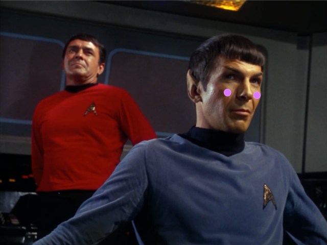 Spock is super impressed and about to drop his panties. Scotty's just happy to be alive.