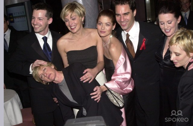 Sean Hayes, Ellen DeGeneres, Sharon Stone, Debra Messing, Eric McCormack, Megan Mullaly and Anne Heche at a 2000 HRC Gala