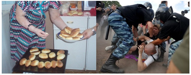 My Russian Experience, filled with grandma's pirozhkis and love (left) vs what I get to see on the news during said pirozhki-eating experiences.
