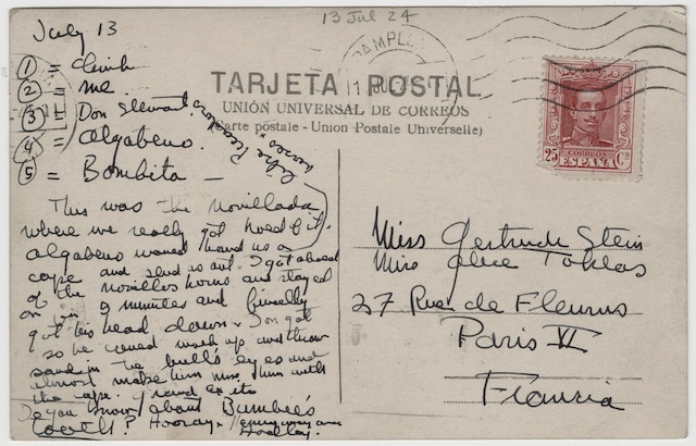 Lesbians love receiving postcards! Case in point: this gem from Ernest Hemingway to Gertrude Stein and Alice B. Toklas. (Via Beinecke Library) 