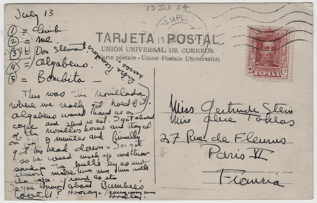 Lesbians love receiving postcards! Case in point: this gem from Ernest Hemingway to Gertrude Stein and Alice B. Toklas. (Via Beinecke Library)