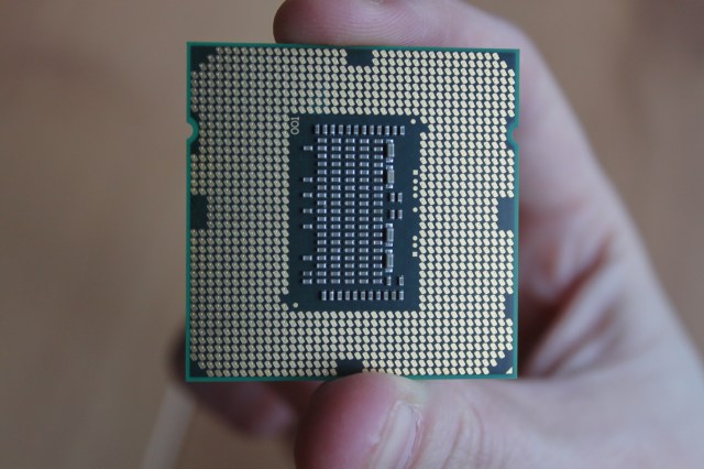 The underside of an intel i5 processor, ribbed for your pleasure.