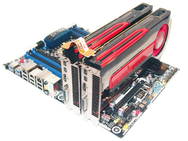 Two Crossfire graphics cards connected together, via pcworld.com