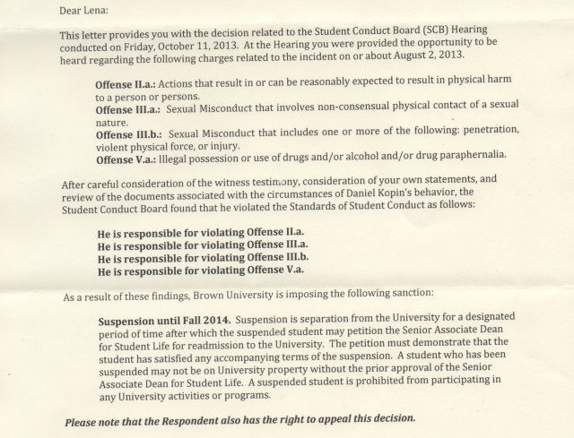 Lena forwarded the official documents sent to her in response to her student conduct board hearing