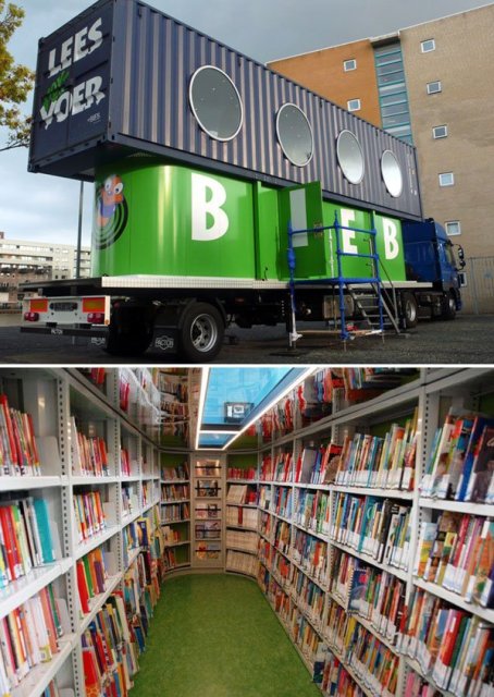 "BiebBus, a Dutch mobile library for kids built out of an old shipping container" via inhabitant