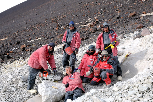 A team unearthing dinosaur fossils in Antarctica. via The Antarctic Sun