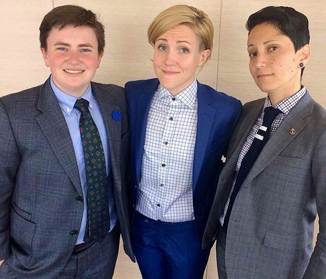 Hannah Hart rocking an amazing blue suit with Erin and Kyle of Kipper Clothiers