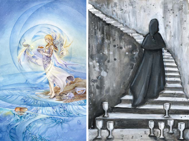 The Five of Cups from the Shadowscapes Tarot and the Eight of Cups from the Phantomwise Tarot