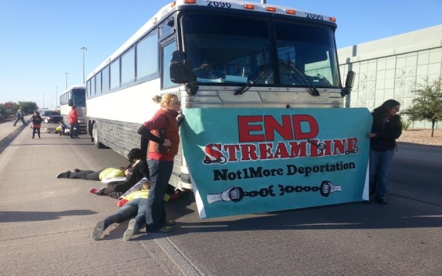 Activists stop buses bound for Operation Streamline, fast-tracked deportation proceedings. via Al Jazeera