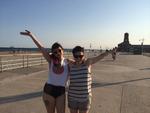 Talking critically about Pride. Just kidding, I don't know what we're doing. Sarah's gesturing towards the ocean and I'm flying somewhere.