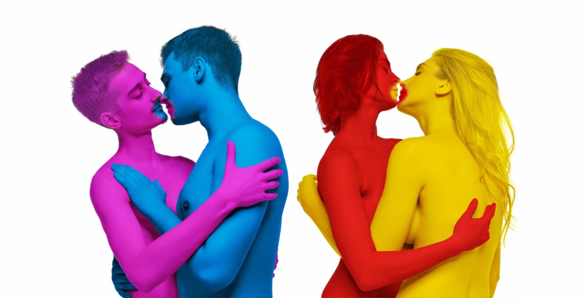 Portrait of four young people, same sex couples posing shirtless, kissing over white background. LGBTQIA supporters. Concept of lgbt community, support, love, human rights, pride month, lesbian sexuality