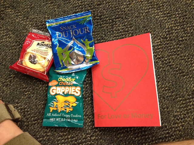 This is my free Amtrak Snack Pack that they handed out that time when my train was 3 hours delayed before it even left Chicago. I ate it while reading For Love or Money by Sarah Jaffe and Melissa Gira Grant, which is BRILLIANT. 