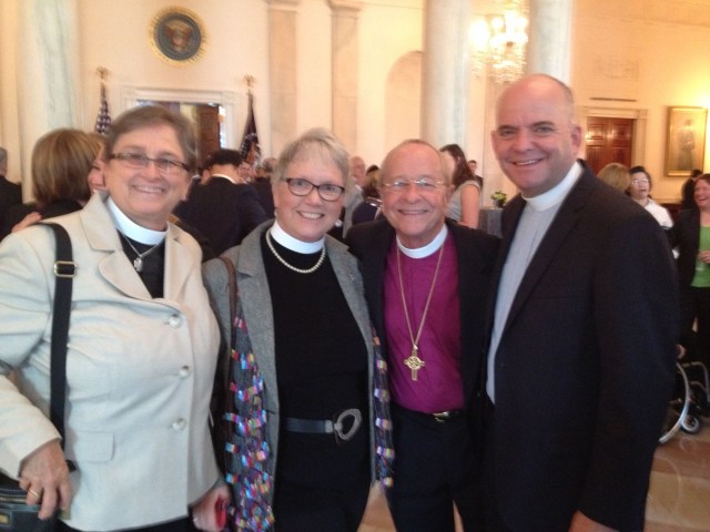 Queer and progressive faith leaders applauded Obama's executive order today, including his decision not to include a religious exemption. From left: Nancy Wilson, Susan Russell, Bishop Robinson and Harry Knox