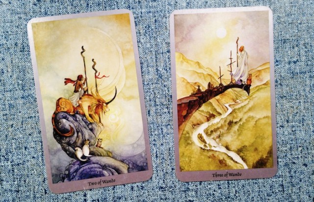 The Two and Three of Wands, from the Shadowscapes Tarot
