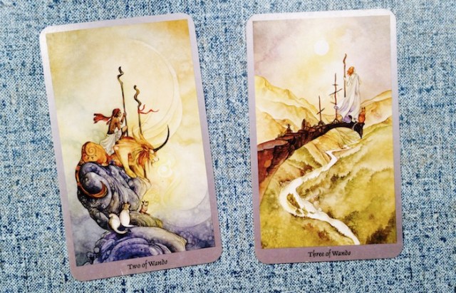 The Two and Three of Wands, from the Shadowscapes Tarot