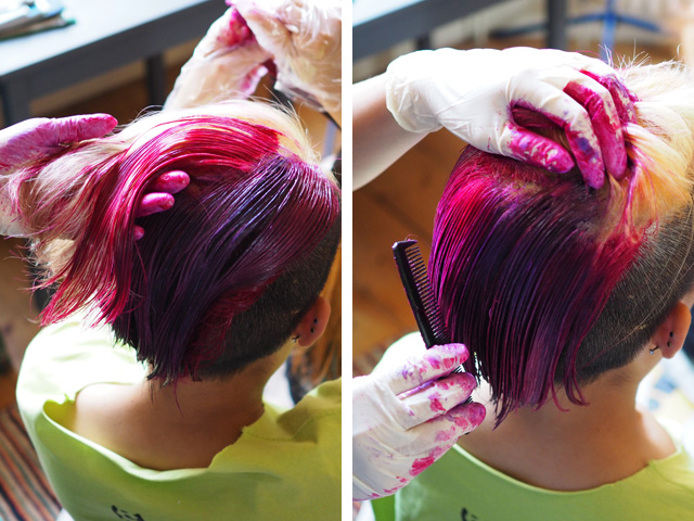 Combing through the hair as you go along helps to make sure you get to every strand but if your hair is feeling fragile (especially after bleaching), don't push it.