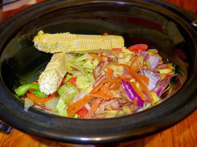 Crock pot full of vegetable scraps