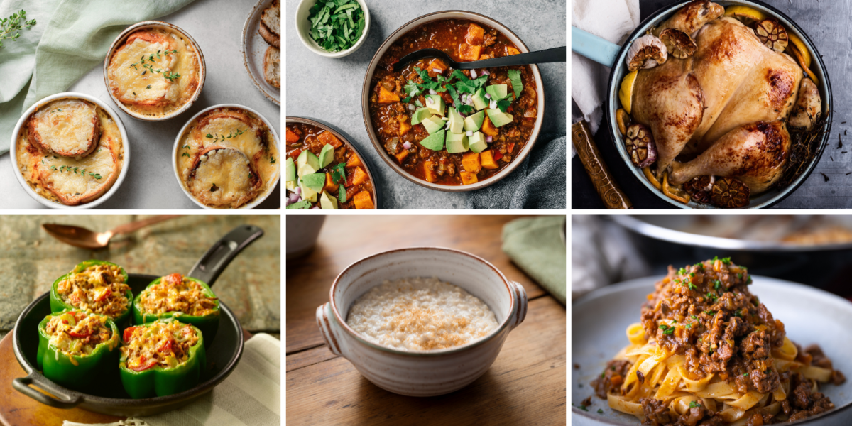 Six images, left right and top to bottom: 1. French onion soup, 2. Sweet potato chili, 3. Roast chicken, 4. Stuffed green peppers, 5. Oatmeal, 6. Beef Ragu over pasta