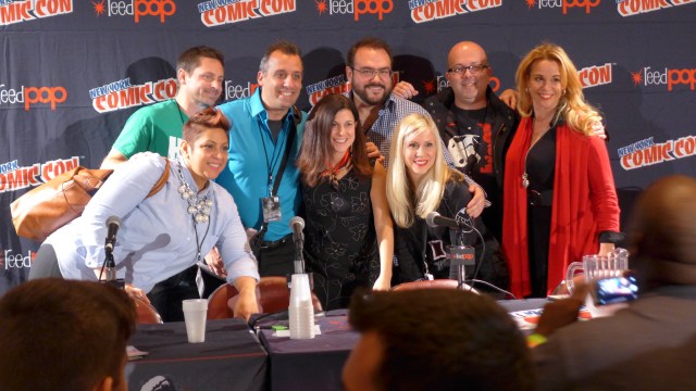 New York Comic Con 2014 Pop Culture Anti-Bullying Coalition Panelists, top row: Adam Hartley, Joe Gatto, Dr. Travis Langley, Matt Langdon, Chase Masterson. Bottom row: Eva Vega-Olds, Carrie Goldman, Ashley Eckstein.