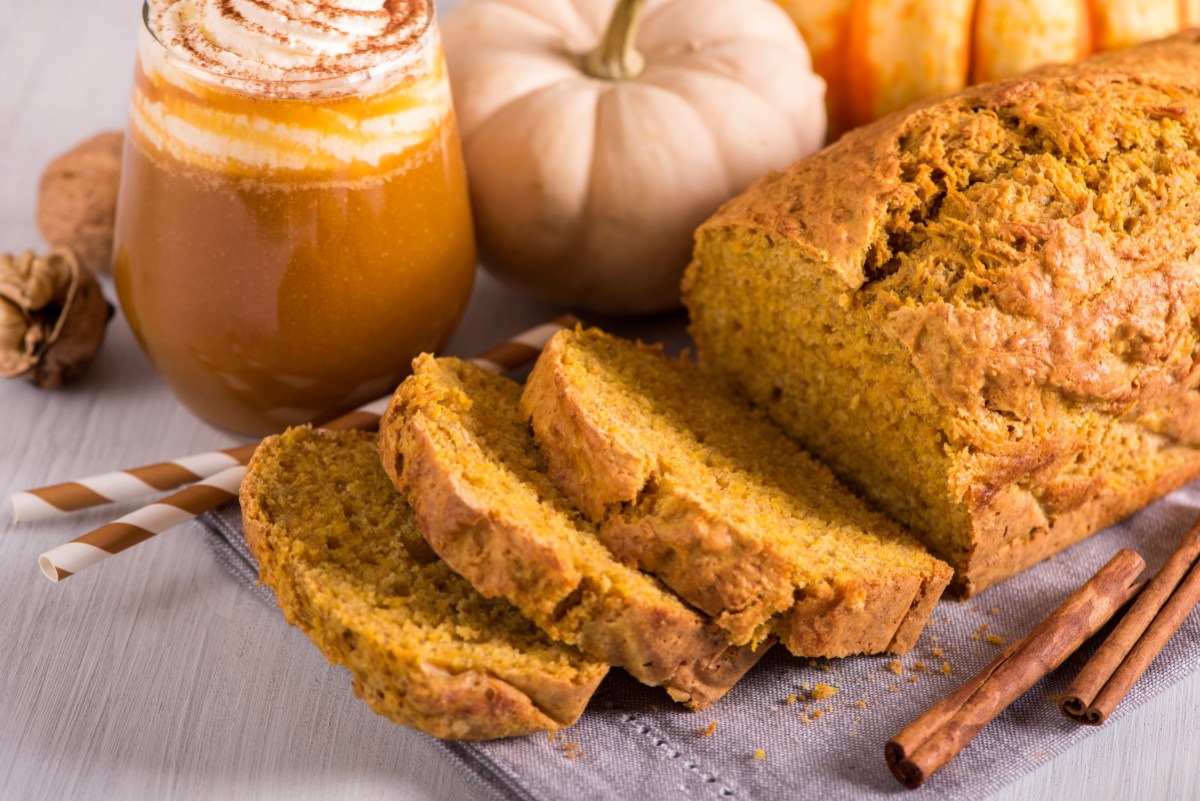 Pumpkin bread cake with pumpkin spice latte for autumn fall dinner