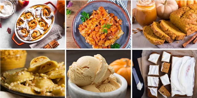 A collage of six different pumpkin recipes for fall: pumpkin cinnamon rolls, pumpkin enchiladas, pumpkin bread, pumpkin ravioli, pumpkin ice cream, and pumpkin cake.