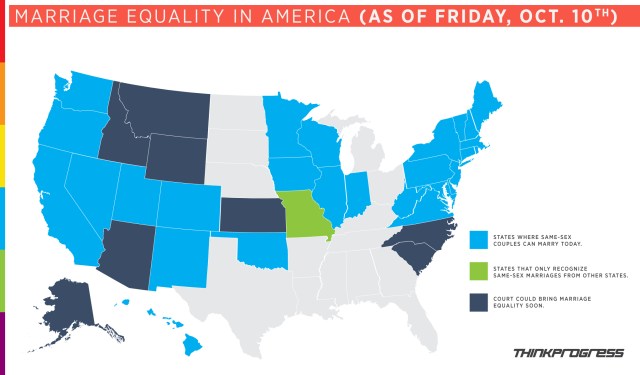 A beautiful map ThinkProgress made for us Friday morning was outdated by Friday night. Oops! Add North Carolina and Idaho to the light blue category. Via ThinkProgress