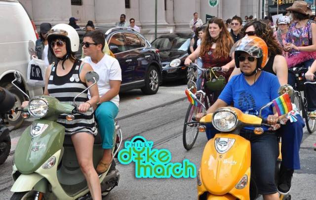 Gloria and her wife Tricia ride at the 2012 Dyke March.