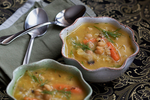 Chickpea Rice Soup with Cabbage