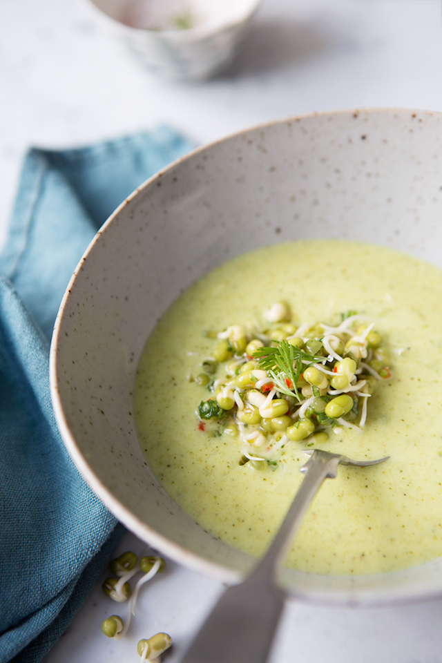 Creamy Curried Broccoli Soup with Coriander Marinated Mung Bean Sprouts