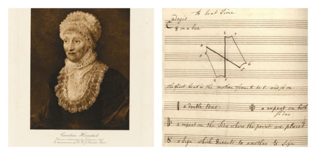 Left: Caroline Lucretia Herschel, from an oil painting by Tielemann, 1829. Right: A page from Caroline's music book showing conducting patterns and notes on music notation. Via Yale Library.