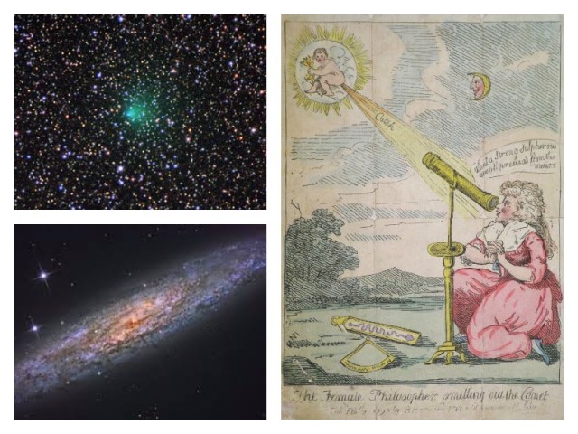 Top Left: Comet 2P Encke, a periodic comet which Caroline observed on November 7, 1795. Image via Cometography. Bottom Left: NGC 253, which Caroline discovered. Image via NASA. Right: A comic poking fun at Caroline "smelling out" a comet. At the time of its publishing, she was by far the most famous female astronomer in the world.