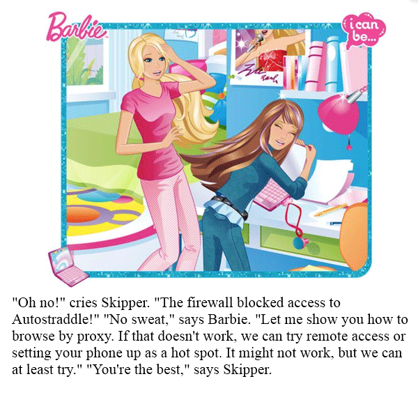 "Oh no!" cries Skipper. "The firewall blocked access to Autostraddle!" "No sweat," says Barbie. "Let me show you how to browse by proxy. If that doesn't work, we can try remote access or setting your phone up as a hot spot. It might not work, but we can at least try." "You're the best," says Skipper.