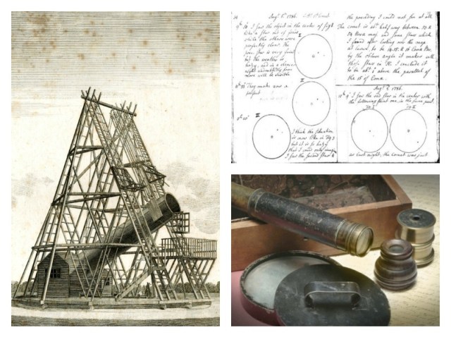 Left: Engraved illustration of the Herschel's 40 foot telescope, first published in Philosophical Transactions, 1795. Right: Caroline's notes on her first comet discovery, and her lightweight sweeper telescope. Via Arxiv.