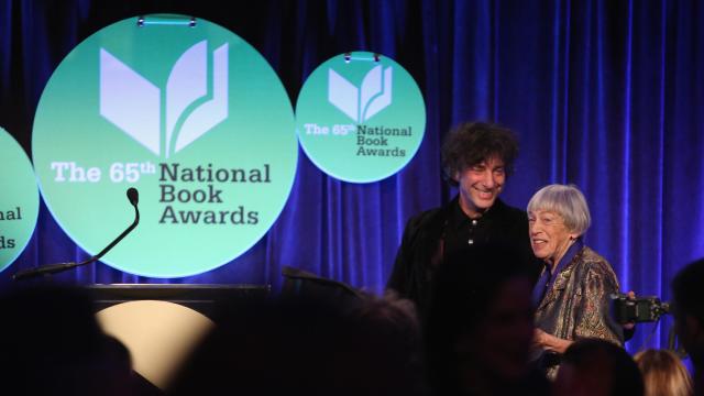 Neil Gaiman, left, introduces Ursula Le Guin at the 2014 National Book Awards. Robin Marchant/Getty Images