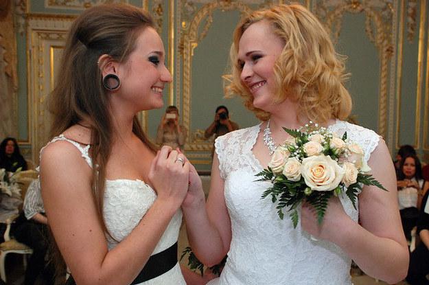 Russian couple Irina Shumilova and Alyona Fursova via http://instinctmagazine.com/post/same-sex-couple-legally-marries-russia-causes-outrage