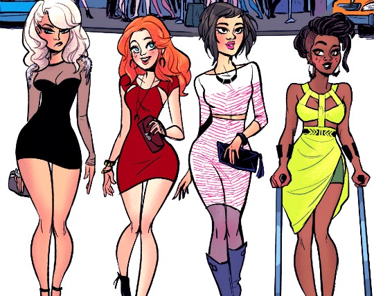 Dinah (Black Canary), Barbara (Batgirl), Alysia and Barbara's new roommate Frankie. Art by Babs Tarr