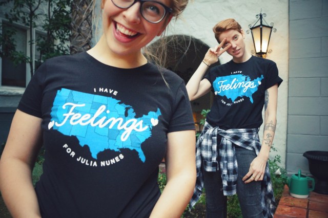 Julia and Dannielle wearing shirts from Julia's Kickstarter