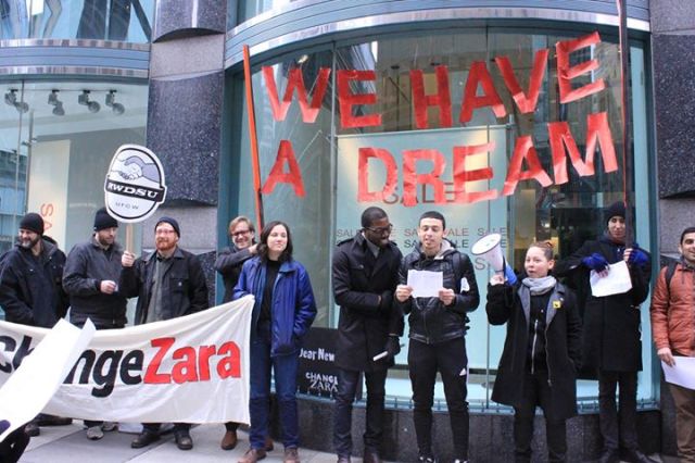 RAP organizers call for a wage increase outside the Zara flagship store in Manhattan via RAP