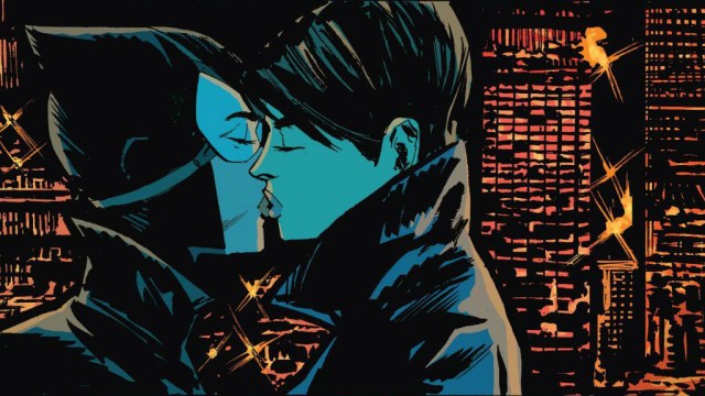 The old Catwoman, Selina Kyle (right) making out with the new Catwoman (left), art by Garry Brown