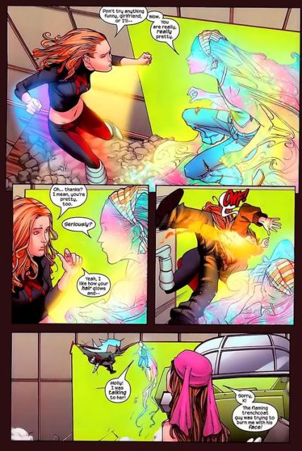 Julie Powers and Karolina Dean getting interrupted. Art by Adrian Alphona.