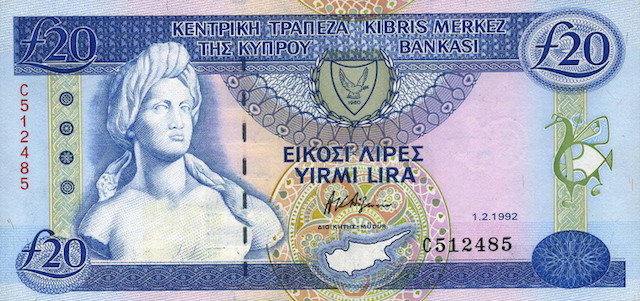 Cyprus currency 20 Cypriot pounds banknote