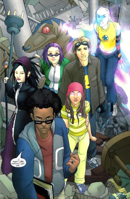 The original Runaways lineup. (Clockwise from L: Nico, Gert and Old Lace, Chase, Karolina, Molly and Alex). Art by Adrian Alphona.