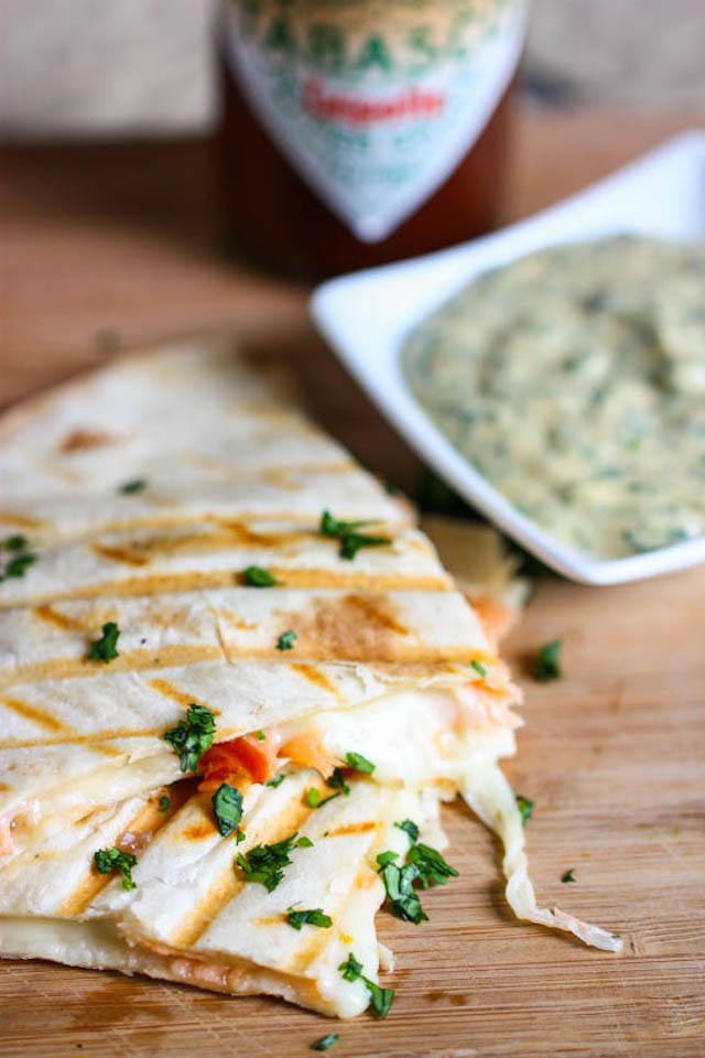 Smoked Salmon Quesadilla with Creamy Chipotle-Cilantro Sauce