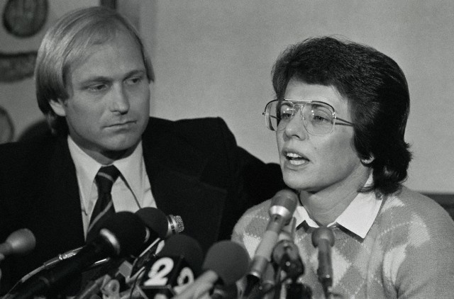 Original caption: "Tennis star Billie Jean King answers questions at a press conference here, in which she admitted that she carried on a homosexual relationship several years ago. The admission came as a result of allegations by Marilyn Barnett, a former hairdresser who claims she and Mrs. King were lovers. The suit says the former tennis star had promised to give Miss Barnett a Malibu, California, beach home." (Image by © Bettmann/CORBIS)