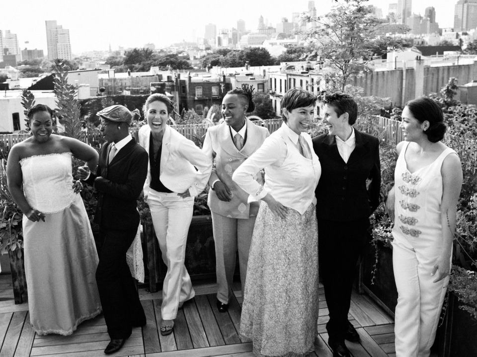 Lesbian wedding in New York with dresses made by Dangerous Mathematicians, photography by Parris Whittingham Studio, via wikipedia commons 