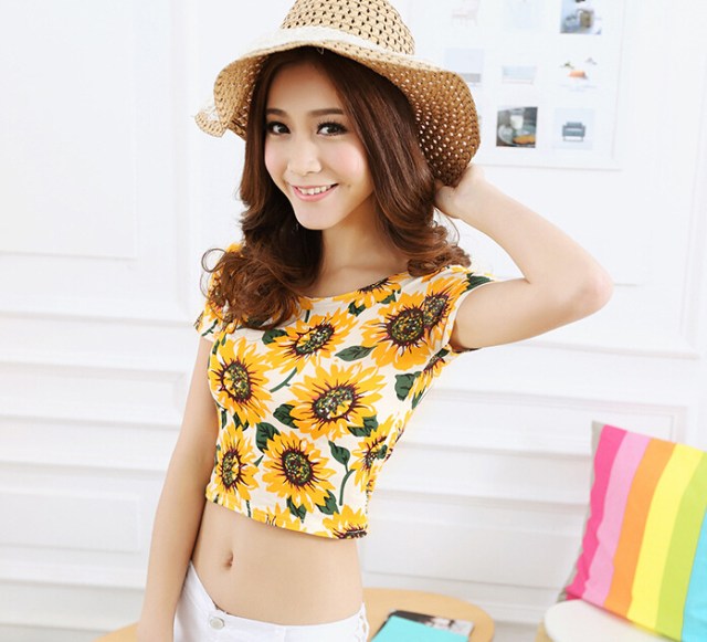 Women-Sexy-Crop-top-Cotton-Graphic-Short-Slim-Short-sleeve-Fashion-Sunflower-Print-Flower-T-shirt